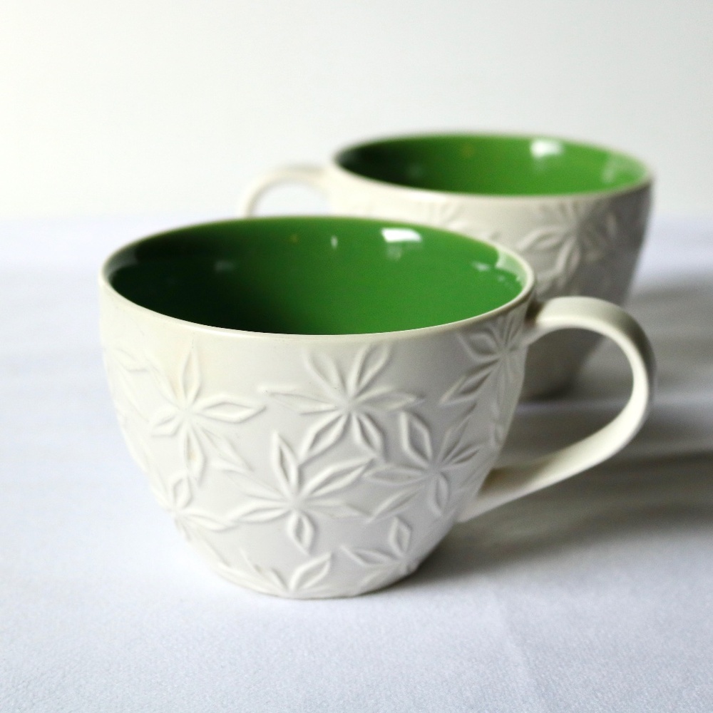 Set of 2 Starbucks White & Green Coffee Tea Mugs Cups Embossed Flower 2008